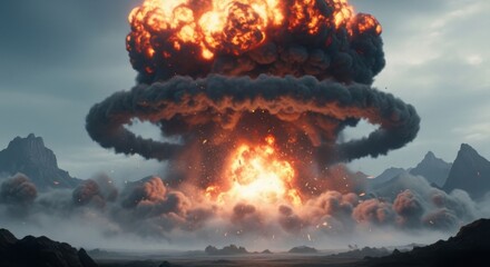Witness the terrifying power of a colossal mushroom cloud explosion erupting dramatically over a desolate mountain landscape, a powerful symbol of destruction and raw energy.