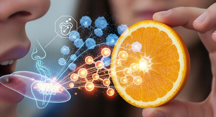 Closeup of a persons mouth and nose with an orange slice, illustrating the concept of flavor, aroma, and vitamin cs effect on the senses and cellular health