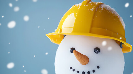A whimsical winter scene unfolds with a smiling snowman, sporting a bright yellow safety helmet amidst falling snow, creating a playful yet safe holiday construction theme.