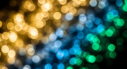 Abstract bokeh background with gold, blue, and green blurred lights on a black backdrop for designs