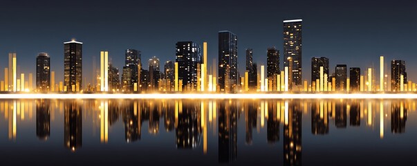 Night Cityscape with Golden Bar Graph Skyline Reflection, Digital Art, Urban, Finance Cityscape, Night photography