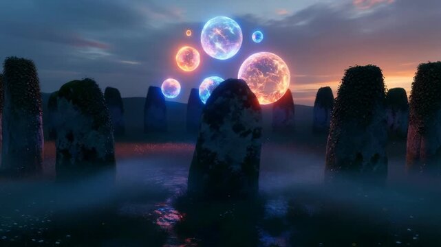 Evolving energy spheres between ancient monoliths at twilight. Pagan ritual concept for spiritual awakening over time.
