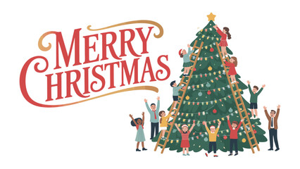 Naklejka premium Christmas Tree Celebration: A festive illustration of people working together to adorn a Christmas tree with ornaments, lights and a star in cheerful holiday spirit.