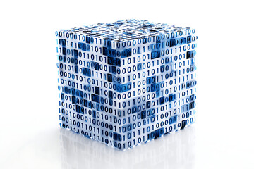 Dynamic digital cube with binary code for innovative technology solutions, data analysis, and secure information systems, ideal for modern tech branding and cutting-edge concepts