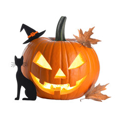 Orange Jack O Lantern Pumpkin With Scary Face Glowing With Yellow Light And Black Cat Wearing Witch Hat With Orange Trim Beside It With Two Dry Maple Leaves On White Background