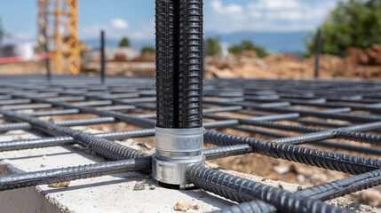 Close-up of metal rebar grid integrated with conduit paths around a house construction base