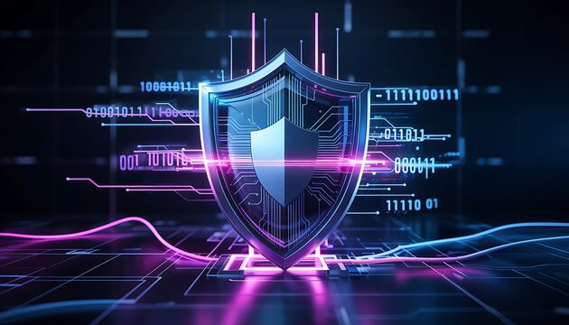 Digital shield protecting data streams and network connections with neon lights and futuristic technology