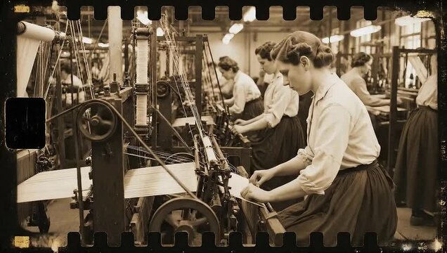 Vintage women working at spinning machines in textile mill