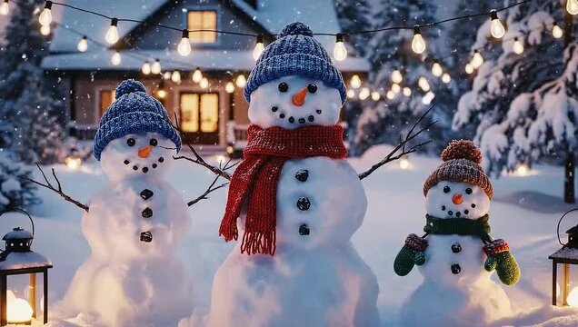 Slow crane shot over group of snowmen with lights
