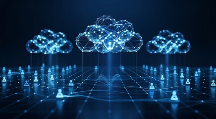 Abstract digital network of glowing blue interconnected clouds representing cloud computing and data storage on a dark futuristic background