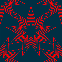 Red star pattern, line design on dark blue background, vector illustration.