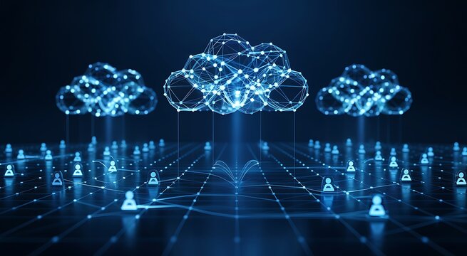 Abstract digital network of glowing blue interconnected clouds representing cloud computing and data storage on a dark futuristic background