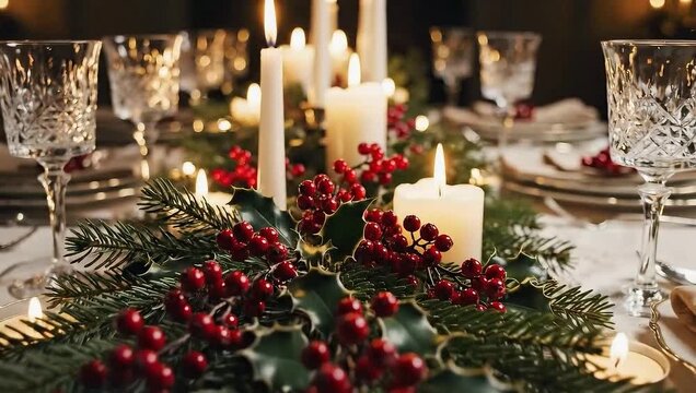 Slow dolly along long greenery Christmas table runner centerpiece