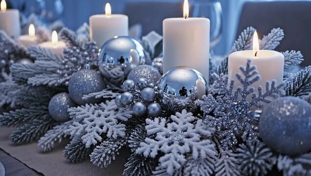 Slow pan of white and silver winter table centerpiece