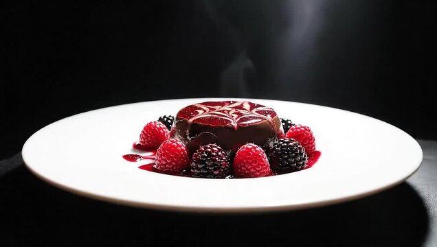 Cinematic orbit around chocolate dessert plate