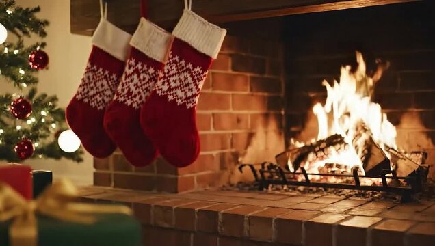 Slow pan of cozy Christmas fireplace with stockings