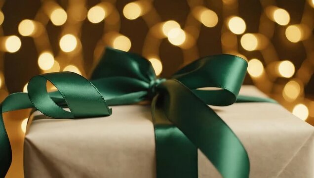 Slow macro move around Christmas gift with loose ribbon