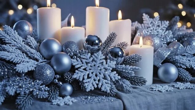 Slow pan of white and silver winter table centerpiece