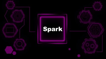 Spark digital network connection concept with glowing neon hexagons and icons representing technology communication data processing and innovation on a dark background - Powered by Adobe