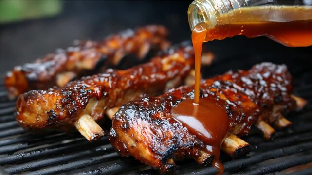 Sizzling Barbecue Ribs Being Glazed with Sweet BBQ Sauce on Grill.