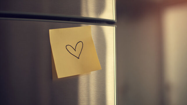 a single yellow sticky note with a simple heart drawing on it, attached to a stainless steel fridge door