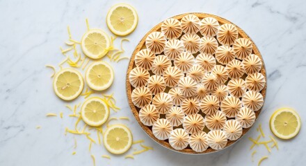 A delicious lemon meringue pie with fresh lemon slices and zest on a marble background, top view for national lemon cream pie day
