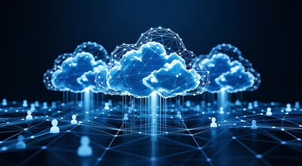 Abstract digital network of glowing blue clouds connecting to illuminated human icons on a dark background representing cloud computing and data