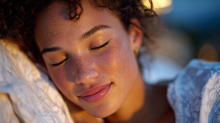 Close-up view of young womanâs serene face as she sleeps, subtle smile and warm glow highlighting her peaceful rest