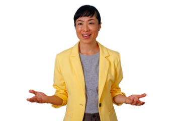 Asian businesswoman talking and gesturing, presenting information with a welcoming smile, transparent background