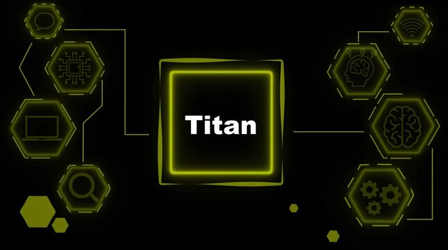 Titan technology network abstract digital connection concept glowing neon hexagons with icons for A I brain laptop search wifi communication and gears on black background