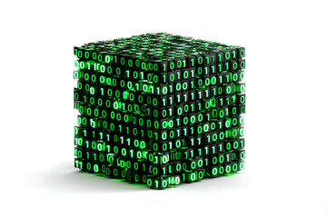Futuristic data cube with glowing binary code, a dynamic tech concept for digital transformation, innovative technology solutions, and the connected world, perfect for cyber security and AI