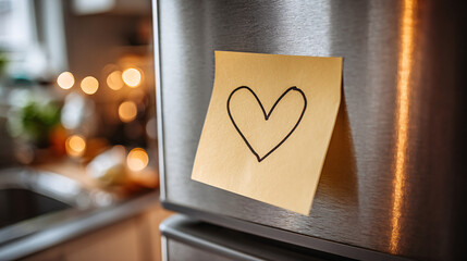 a single yellow sticky note with a simple heart drawing on it, attached to a stainless steel fridge door