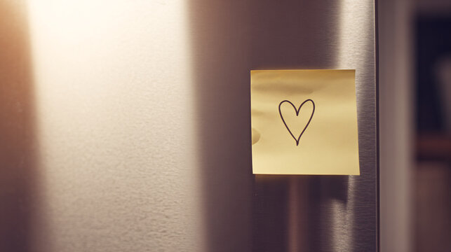 a single yellow sticky note with a simple heart drawing on it, attached to a stainless steel fridge door