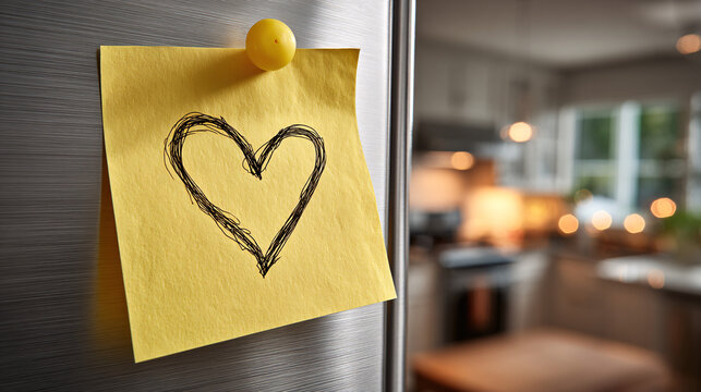 a single yellow sticky note with a simple heart drawing on it, attached to a stainless steel fridge door