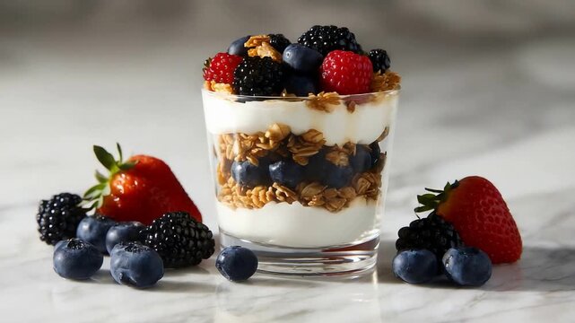 Delicious Yogurt Parfait with Fresh Berries and Crunchy Granola on Marble.