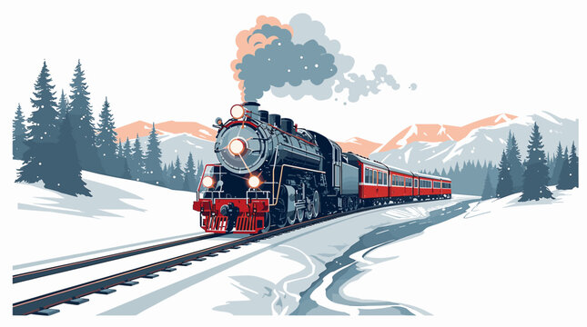 Powerful steam locomotive advancing through snowy valley train crossing in snow