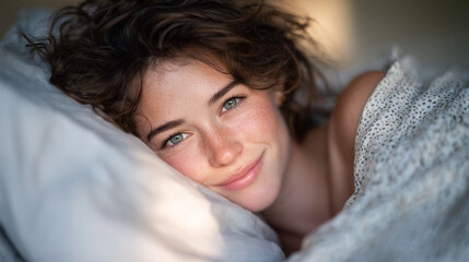 Close-up lifestyle portrait of woman lying comfortably on luxury bedding, natural light and soft shadows highlighting peaceful expression