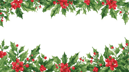 Seamless holiday decorations. Christmas tree fringes with holly berries. Festive frame isolated on white. Celebration vector background.