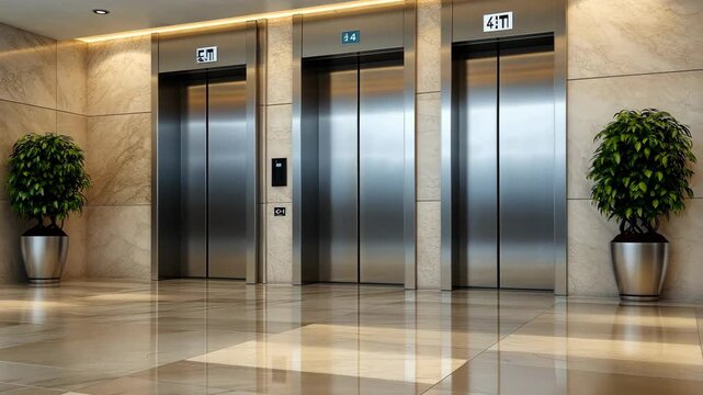 Two sleek elevators stand in a contemporary lobby, surrounded by potted plants and elegant marble flooring