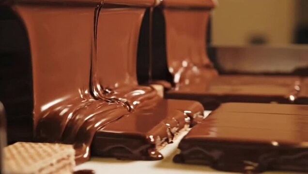 Chocolate enrobing machine covering biscuits in factory