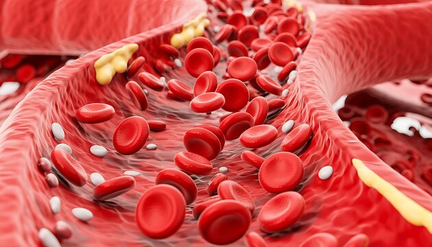 Close up microscopic view of red blood cells flowing through a healthy artery or vein with white blood cells and plasma