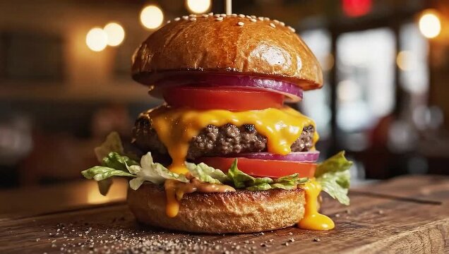 Rotating shot around gourmet burger on wooden board