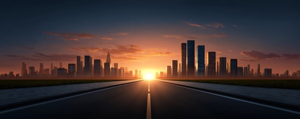 Fototapeta premium Sunset Cityscape Road to the Metropolis, Digital Painting, Wide Shot city, cityscape