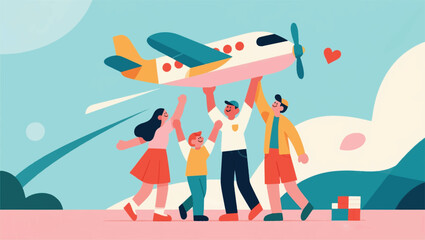 Illustration Of A Group Of Young People Carrying A Toy Plane Vector Design Template