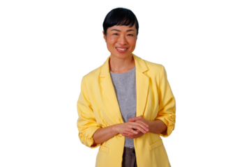 Mature asian businesswoman smiling, representing success, confidence, and positive business attitude. Transparent background
