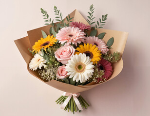 Beautiful flower bouquet in pastel tones, a gift for celebrations and holidays [with copy space]