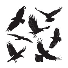 Set of birds flying silhouette different shapes various poses for logo template or tattoo design