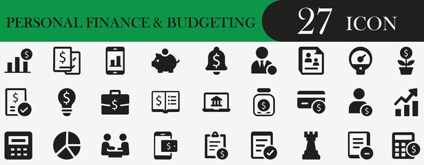 Personal Finance Solid Icon Set. Containing money, banking, budget, investment, savings, and expense icons. Editable vector icon for fintech apps, UI/UX design, and wealth management.