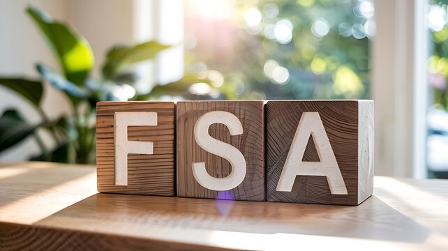 Three wooden blocks spelling fsa illuminated by soft sunlight on a wooden table with blurred green plants in the background