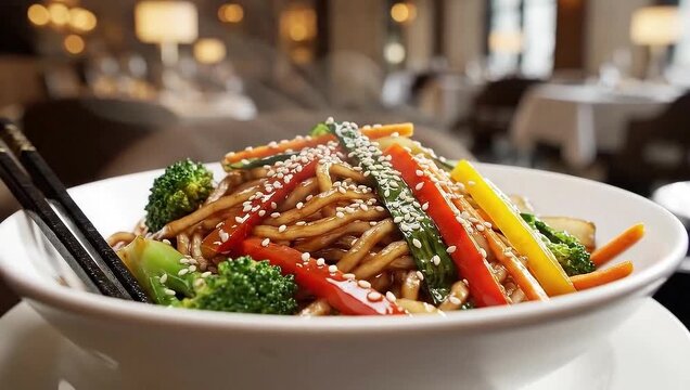 Close-up rotating shot of colorful stir-fry noodles